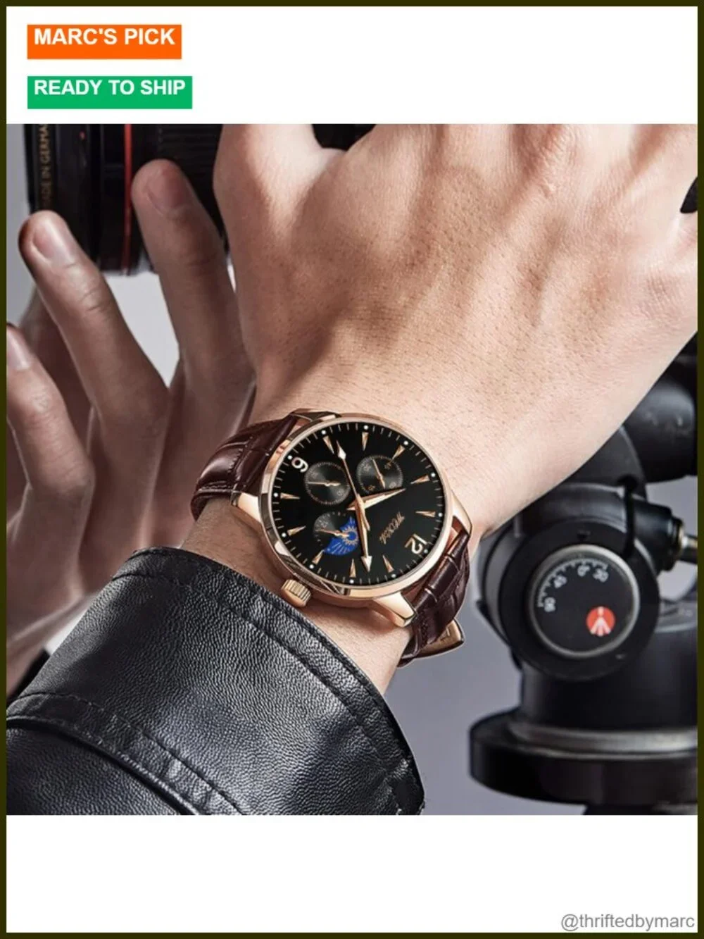 Men's Leather Watch, Rose Gold-Tone Analog Quartz Business Dress Watch